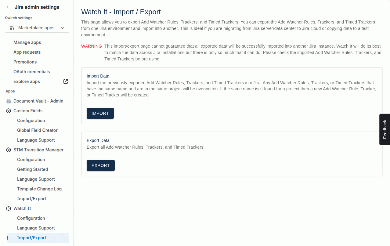 Watch It Cloud Import Export